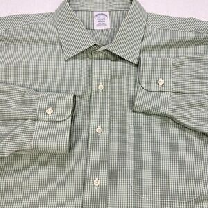 Brooks Brothers Regent Shirt 18.5 34 Green Micro Gingham Plaid  Button Front L/S